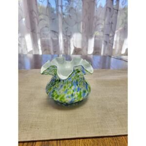 Vintage Fenton Glass Vasa Aventurine Green Murrhina Blue Ruffled Vase